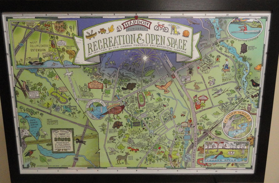 Haddon Township artist-in-residence Mark Parker created this map of the open spaces in the town, which hangs in the Center. Credit: Matt Skoufalos.