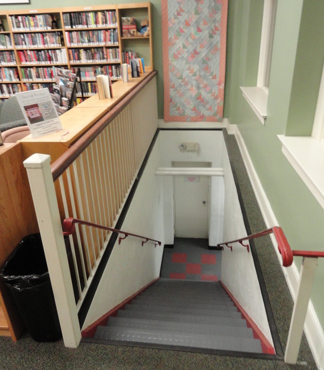 The bathroom in the basement of the Haddonfield library is accessible only by these steps, currently, Credit: Matt Skoufalos,