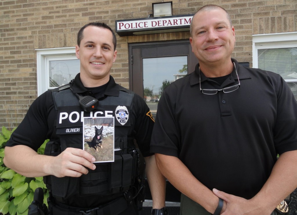 Oaklyn Patrolman Matt Olivieri (left) and Chief Mark Moore are hoping to raise enough funds to outfit a new K-9 unit. Credit: Matt Skoufalos.