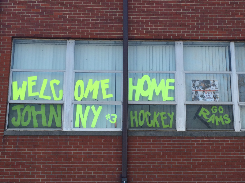 Welcome home signs for Johnny Gaudreau at GCHS. Credit: Josh Kaz.
